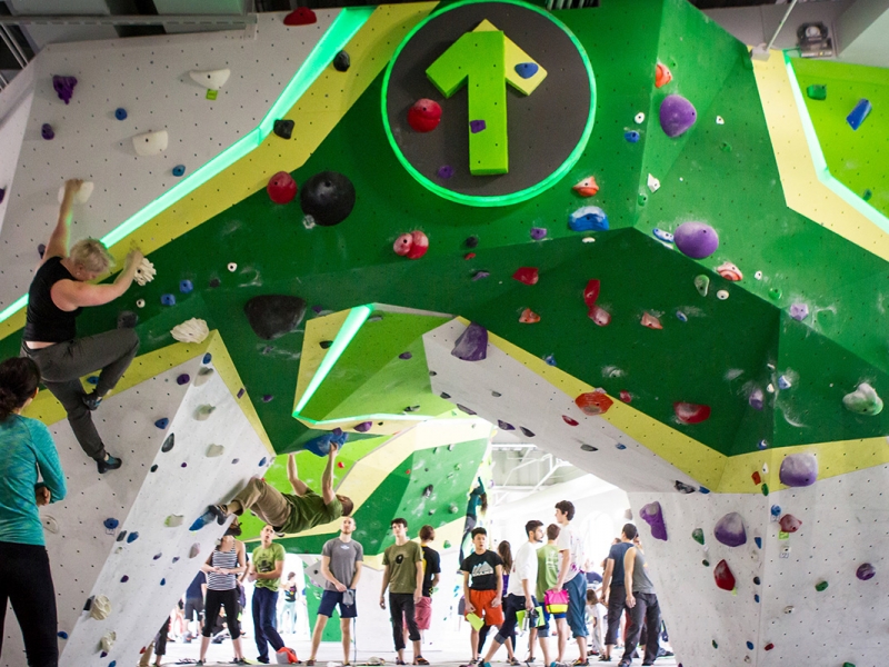Climbing wall with LED add-on feature at First Ascent in Chicago, USA