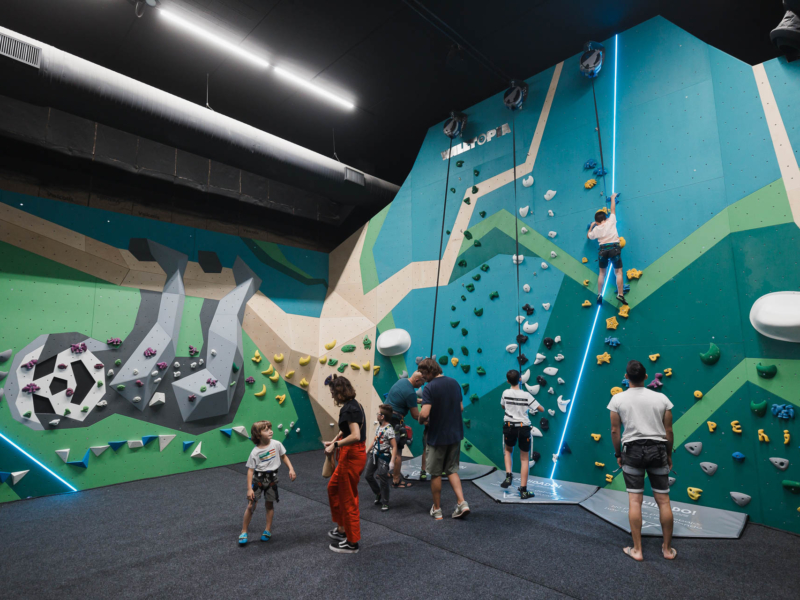 Skala Roco climbing gym in Burgos Spain featuring Walltopia rope and bouldering climbing walls, training boards, adjustable angle training boards, kids climbing walls, speed wall and holdtopia holds and volumes.