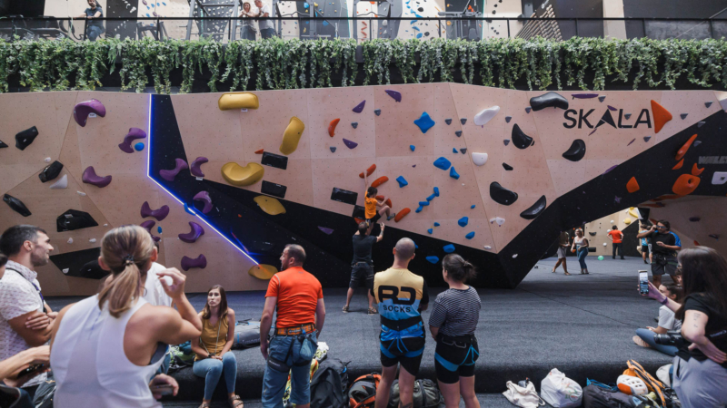 Skala Roco climbing gym in Burgos Spain featuring Walltopia rope and bouldering climbing walls, training boards, adjustable angle training boards, kids climbing walls, speed wall and holdtopia holds and volumes.