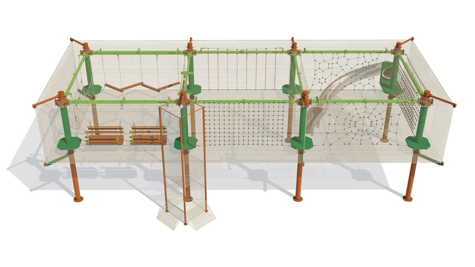 unharnessed ortho ropes course, forest color scheme