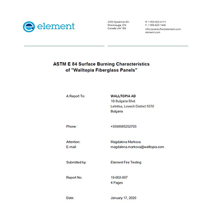 ASTM E 84 Surface Burning Characteristics of Walltopia Fiberglass Panels
