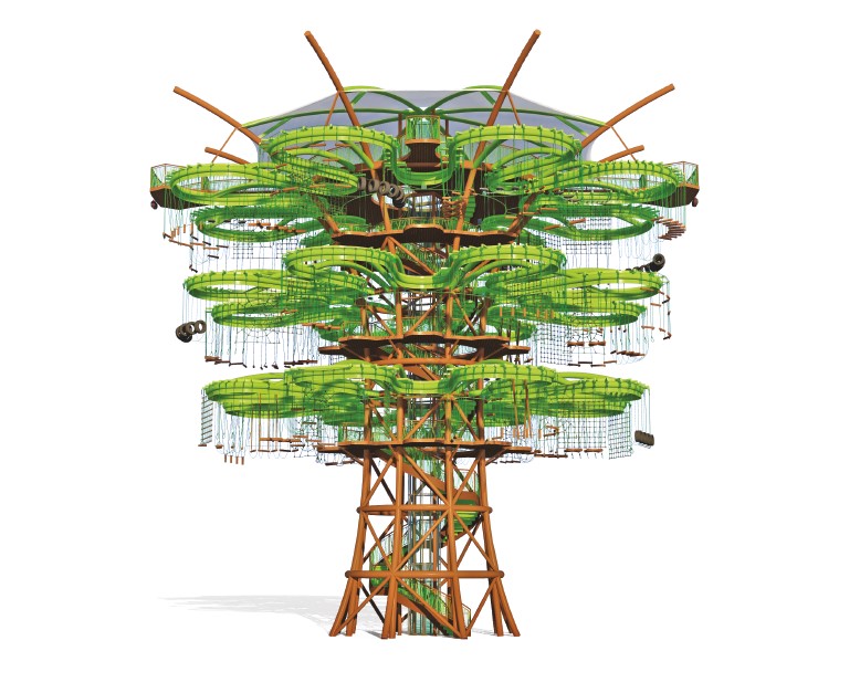 Walltopia tree course. The structure - up to 3 levels of obstacles, viewing deck, up to 96 obstacles, lift, add-ons options