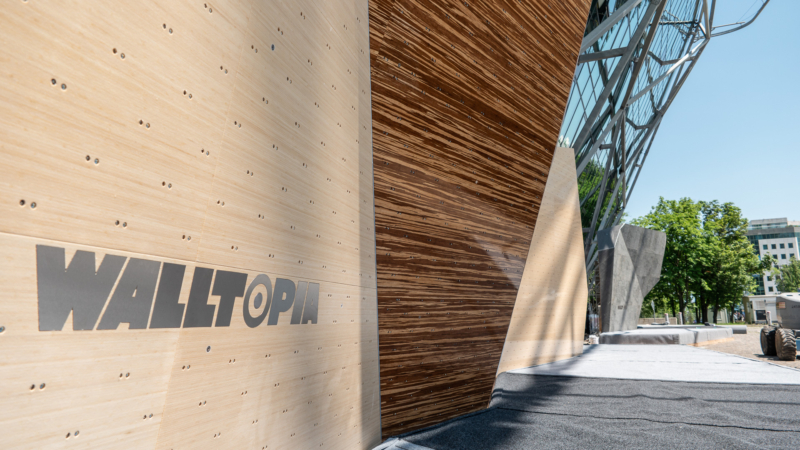 Walltopia natural wood panels on a boulder competition wall. Set & Send in Sofia, BUlgaria