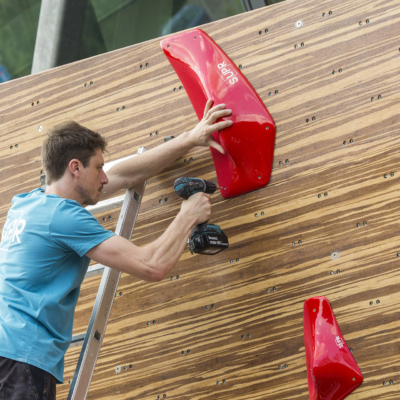 Gautier Supper route setting for Set'n'Send Boulder Comp on Walltopia bamboo boulder in Sofia, Bulgaria