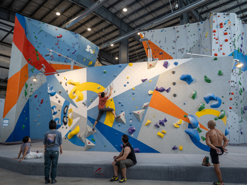 Climbers bouldering on the Walltopia climbing walls in Sender One Lakewood - full-service climbing gym in Los Angeles, California. Climbers seated on Climbmat bouldering mats.