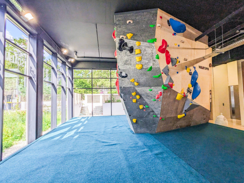 位于法国 Granit Climb 的 Walltopia 抱石攀岩墙。天然木质攀岩板结合天然石材攀岩板和纯灰色面板。Climbmat 抱石垫。