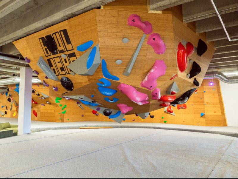 丹麦 Valnose Boulders 的 Walltopia 抱石墙（竹面板）和 Climbmat 抱石垫