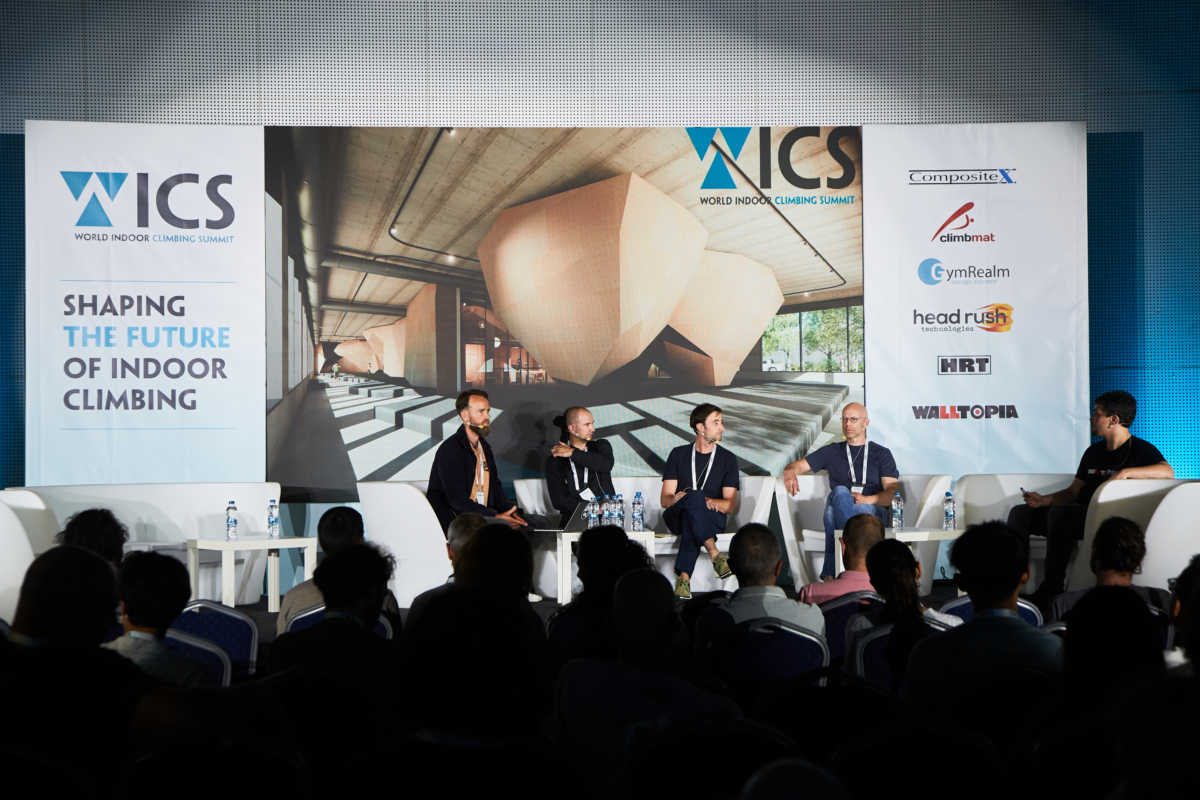 WICS 2023 - Architectural Design of Climbing Gyms panel featuring Alessandro Usuelli, Vasil Sharlanov, Frank Bogerman, Jason Kehl, and Simon Brünner